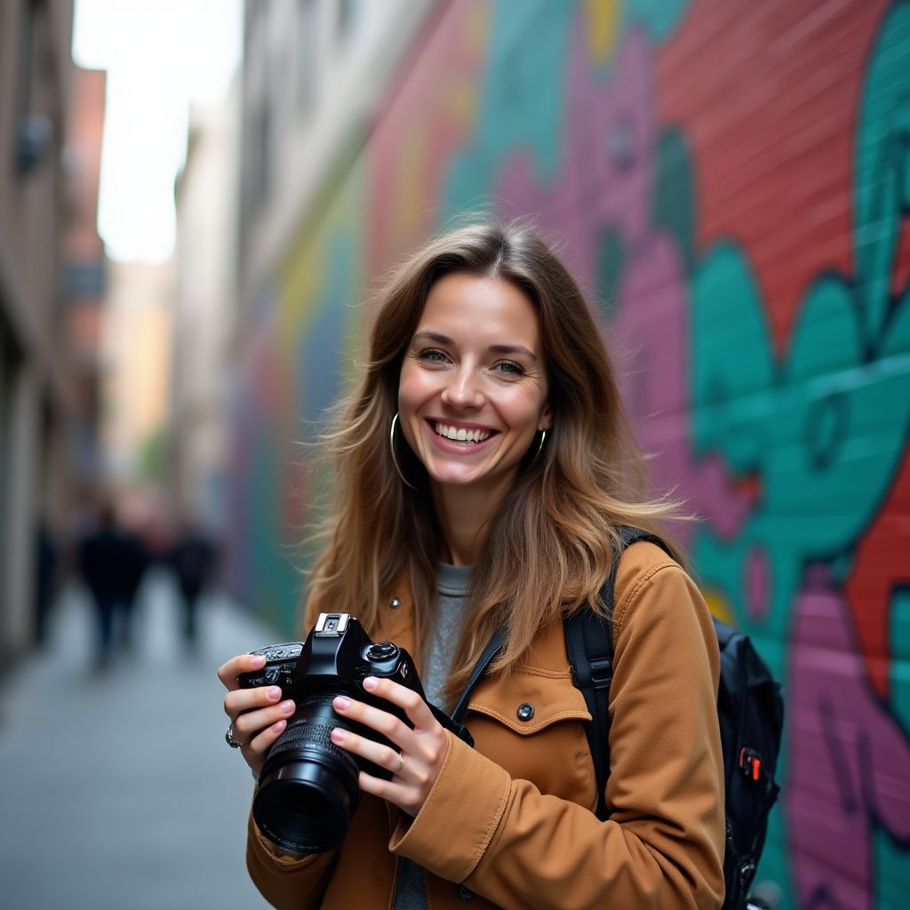 Sarah from Canada smiling in front of Melbourne street art
